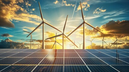 Photovoltaic panels and wind turbines against the background of a sunset sky, a concept for green energy, photographed in the style of Provia. high resolution photography.