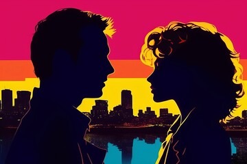Silhouette of a couple looking at each other with the background of the city, retro style, city pop vibes