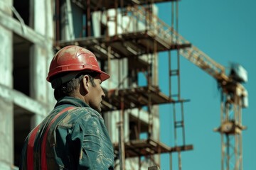 Photo of a construction worker in front of a building under a spring sky, with a blue color palette. In the background are a construction crane and new buildings. The focus is on the back view.