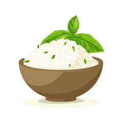 A bowl of rice with a green leaf on top