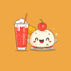 A cartoon character is sitting on a plate with a sandwich and a cherry on top. A glass of a drink is next to the sandwich. The cartoon character is smiling and he is enjoying the meal