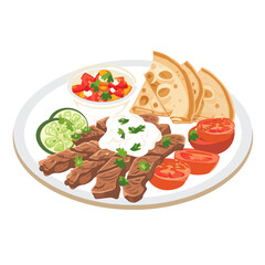 A plate of meat and vegetables with a side of bread and a dipping sauce. Scene is casual and inviting, as it looks like a delicious meal to share with friends or family