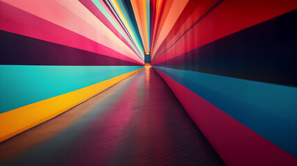 A vibrant, perspective-rich corridor with colorful striped walls in pink, blue, red, and yellow, creating a striking visual illusion leading towards a focal point.