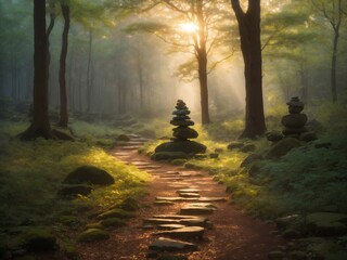 "Ethereal Twilight: Forest Path with Serene Stone Cairn"