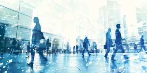 business people walking in the city, with a double exposure effect and a blue and white color theme, with a blurred background of office buildings and skyscrapers.
