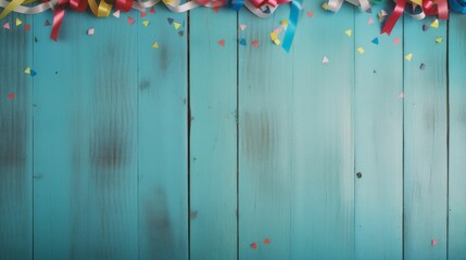 Blue Wooden Background With Confetti and Streamers