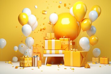 Colorful Presents and Balloons on Yellow Background