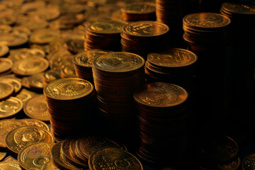A large variety of coins on a black background. Stack of coins