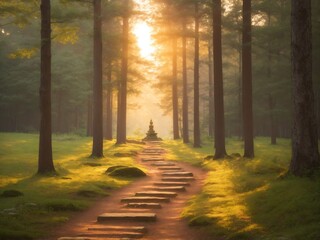 "Path to Serenity: Forest Trail Aglow in Dusk's Radiance"