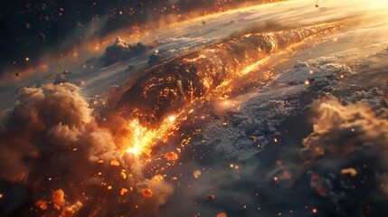 Craft a visually stunning 3D rendering of the long shot meteor slicing through the atmosphere, with a focus on the intricate details of the meteorites surface texture as it approaches Earth for impact