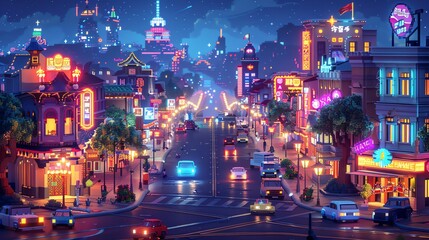 Craft a vivid isometric scene in digital pixel art, depicting a bustling city street at dusk with glowing neon signs and passing cars, capturing the essence of urban nightlife