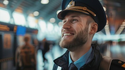 Young man airline pilot smiling at the airport terminal