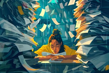 A woman is sitting at a desk with a pile of papers in front of her. She is overwhelmed by the amount of work she has to do. Concept of stress and pressure
