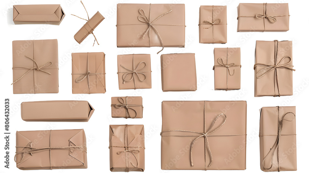 Wall mural set of brown craft paper wrapped gift boxes, cut out