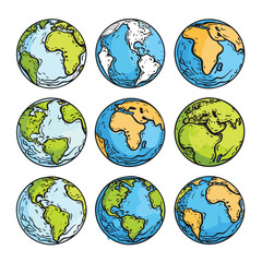 Collection colorful handdrawn globes featuring various continents. Cartoon style earth illustrations continents oceans, globe highlighted blue water, green yellow land