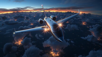 Naklejka premium Sleek private jet, metal gleaming under a deep navy blue twilight, luxury and speed captured in flight