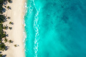 Sea and beach aerial view. Top view, amazing nature background. Beautiful beach of white sand surrounded by crystal clear water. Waves on the beach. Travel and vacation concept