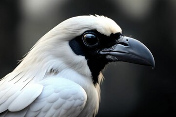White raven on black background. Close up of a crow. Portrait of a vulture
