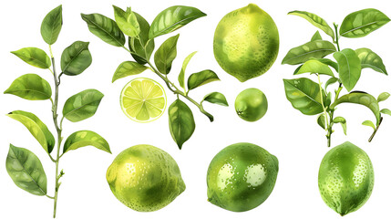 Set of fresh delicious limes on branches, cut out
