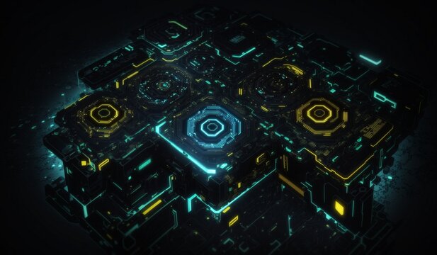 Technology background vector abstract futuristic circuit board hexagonal technology illustration adavanced computer dark yellow gradient background from right to left. Hi-tech digital concept. Very re - Powered by Adobe