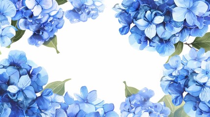 watercolor blue hydrangea border frame, sky background, white space in the middle of picture, vector illustration.