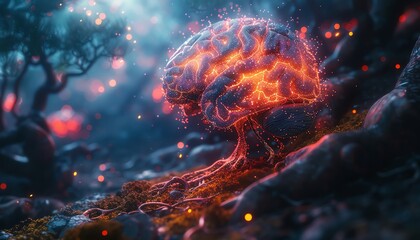 Imagine a surreal scene where a digital glitched brain with neural pathways intertwining is viewed from an unexpected angle, rendered in CG 3D with vibrant colors
