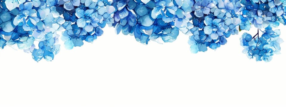 watercolor blue hydrangea border frame, sky background, white space in the middle of picture, vector illustration.