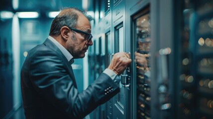 Businessman unlocking safe deposit box