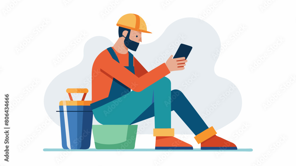 Poster a worker sitting on a bucket scrolling through his phone and taking a break from the manual labor.. 