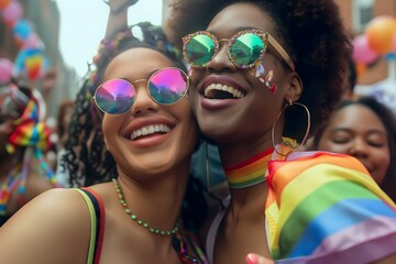 Two joyful women in colorful sunglasses, celebrating amidst a festive crowd and rainbow flags