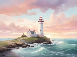 "Seaside Romance: Britteny Lighthouse in Pastel Flat Design"