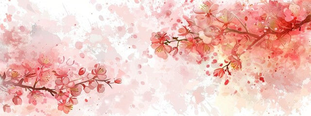 watercolor cherry blossom floral background vector illustration, detailed, white background, light pink and red color palette, colorful, delicate.
