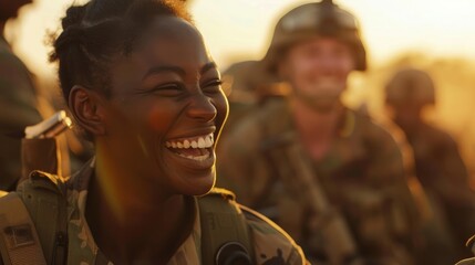 Candid group of black african american female army soldiers laughing and smiling at golden hour