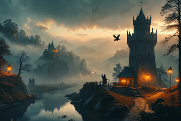 Naklejka premium ethereal fantasy concept art of , medieval lighted lookout tower in fantasy style on a hill next to a small river, dark clouds, dense fog, evening atmosphere