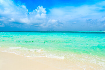 Beautiful landscape of clear turquoise Indian ocean, Maldives islands