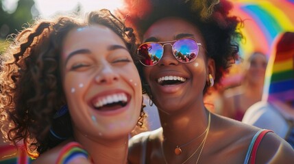Candid happy young lesbian woman smiling celebrating gay pride LGBTQ festival