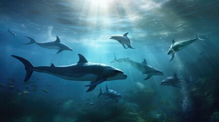 A pod of dolphins swims through a coral reef. AIG51A.