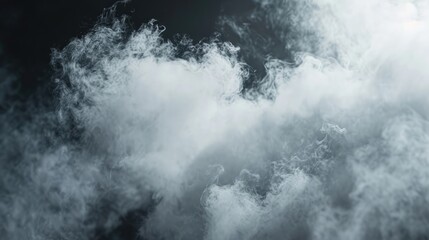 Abstract fog. White cloudiness, haze or smog moves on black background. Beautiful swirling gray smoke. Mockup of your logo. Wide angle horizontal wallpaper or web banner