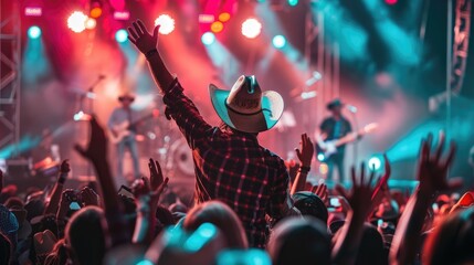 Live concert or rodeo with country music festival vibes featuring cowboy attire