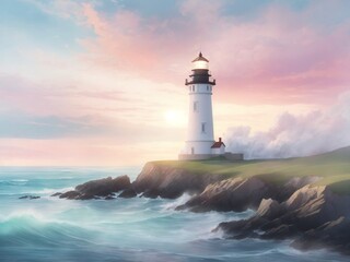 "Coastal Serenity: Britteny Lighthouse in Poster-Style Pastels"