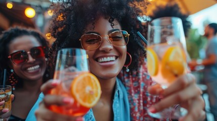 Backyard Fun with Multiracial Friends - Young People Laughing, Drinking Cocktails, Focus on Black Woman at Bar/Restaurant