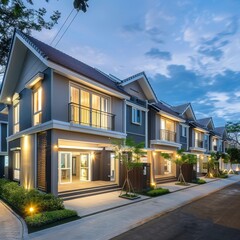 Fototapeta premium Affordable and Vibrant Townhouse Community in Bangna Showcases Architectural Diversity and Inviting Residential Lifestyle