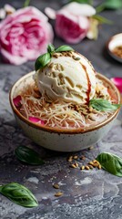 Artisanal Falooda Ice Cream Bowl with Vibrant Rose Syrup and Textured Vermicelli Garnish