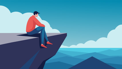 A person sitting in silent contemplation at the edge of a cliff symbolizing the deep introspection and inner calm of stoicism.. Vector illustration