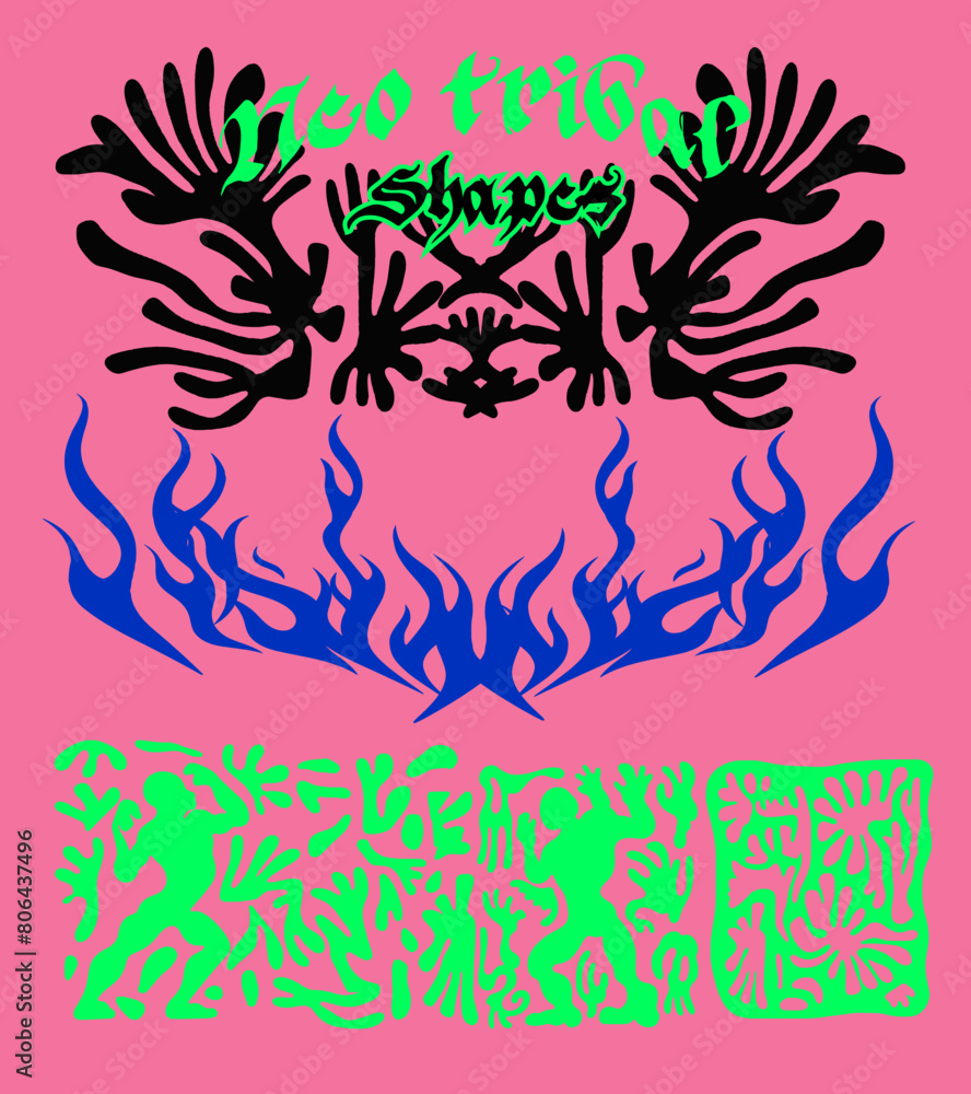 Poster set of neo-tribal forms and shapes. organic cyberpunk elements in neon colors.