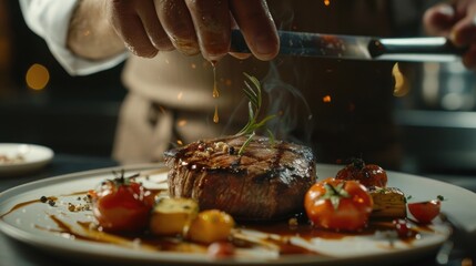 chef in restaurant Preparing beef steak with vegetable decoration