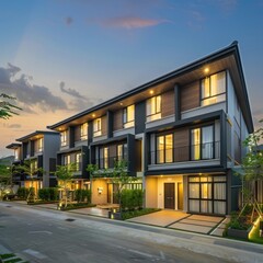 Fototapeta premium Contemporary Townhouses with Inviting Exteriors and Scenic Surroundings in an Urban Setting