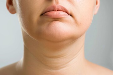 double chin. aging problem on female face. Bad skin and fat chin