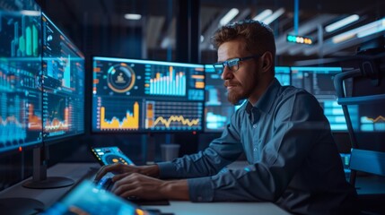 A man with glasses and a beard is sitting at his desk in front of three large monitors displaying graphs, charts, data visualizations and marketing images on the screens.