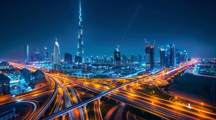 Dubai skyline at night with beautiful city with lights close to it's busiest highway
